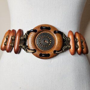 Wooden Chunky Waist Belt Brass Faux Leather Boho